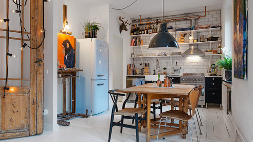 An artist's kitchen with lots of colours